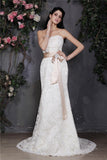 Sheath/Column Strapless Sleeveless Sash Long Lace Wedding Dresses TPP0006791