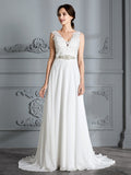 A-Line/Princess Sleeveless V-neck Sweep/Brush Train Chiffon Wedding Dresses TPP0006487