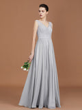 A-Line/Princess V-neck Sleeveless Floor-Length Chiffon Lace Bridesmaid Dress TPP0005698