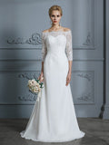 Trumpet/Mermaid 1/2 Sleeves Off-the-Shoulder Sweep/Brush Train Chiffon Wedding Dresses TPP0006184