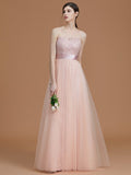 A-Line/Princess Bateau Sleeveless Floor-Length Applique Tulle Bridesmaid Dresses TPP0005365