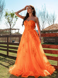 A-Line/Princess Tulle Applique Sweetheart Sleeveless Floor-Length Dresses TPP0001392