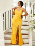 Sheath/Column Jersey Ruched Spaghetti Straps Sleeveless Sweep/Brush Train Bridesmaid Dresses TPP0004988