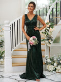 Sheath/Column Sequins Ruched V-neck Sleeveless Sweep/Brush Train Bridesmaid Dresses TPP0004958