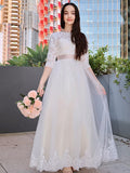 A-Line/Princess Lace Applique Scoop 3/4 Sleeves Floor-Length Junior Bridesmaid Dresses TPP0005859