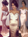 Trumpet/Mermaid Sleeveless Off-the-Shoulder Sweep/Brush Train Beading Satin Dresses TPP0003487