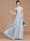 A-Line/Princess Jewel Short Sleeves Lace Floor-Length Chiffon Bridesmaid Dresses TPP0005264