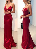 Sheath/Column Spaghetti Straps V-neck Sweep/Brush Train Silk like Satin Dresses TPP0001428