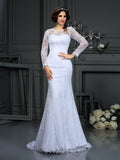 Sheath/Column Scoop Lace Long Sleeves Long Satin Wedding Dresses TPP0006422