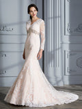 Trumpet/Mermaid V-Neck Beading Long Sleeves Sweep/Brush Train Tulle Wedding Dresses TPP0006655