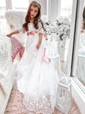 A-Line/Princess Tulle Sash/Ribbon/Belt Off-the-Shoulder 1/2 Sleeves Sweep/Brush Train Flower Girl Dresses TPP0007481