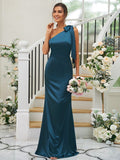 Sheath/Column Silk like Satin Bowknot One-Shoulder Sleeveless Floor-Length Bridesmaid Dresses TPP0004917