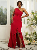 Sheath/Column Stretch Crepe Ruched One-Shoulder Sleeveless Sweep/Brush Train Bridesmaid Dresses TPP0004982