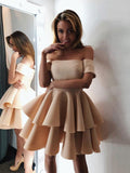 A-Line/Princess Satin Layers Off-the-Shoulder Sleeveless Short/Mini Homecoming Dresses TPP0003578