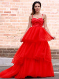 A-Line/Princess Tulle Layers Spaghetti Straps Sleeveless Sweep/Brush Train Dresses TPP0004734