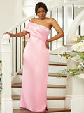 Sheath/Column Satin Ruched One-Shoulder Sleeveless Floor-Length Bridesmaid Dresses TPP0004968