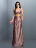 Sheath/Column V-neck Pleats Sleeveless Long Taffeta Dresses TPP0009257