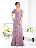 Sheath/Column V-neck Short Sleeves Long Chiffon Mother of the Bride Dresses TPP0007269