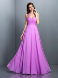 A-Line/Princess Halter Pleats Sleeveless Long Chiffon Bridesmaid Dresses TPP0005390