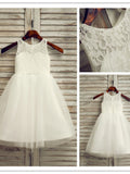 A-Line/Princess Tulle Lace Scoop Sleeveless Tea-Length Flower Girl Dresses TPP0007524