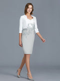 Sheath/Column V-neck 1/2 Sleeves Ruffles Chiffon Knee-Length Mother of the Bride Dresses TPP0007317