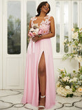 A-Line/Princess Chiffon Applique Scoop Sleeveless Floor-Length Bridesmaid Dresses TPP0004918