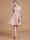 A-Line/Princess V-neck Sleeveless Lace Short/Mini Chiffon Bridesmaid Dresses TPP0005355