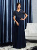 A-Line/Princess V-neck Short Sleeves Long Chiffon Mother of the Bride Dresses TPP0007151