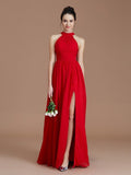 A-Line/Princess Halter Sleeveless Ruched Floor-Length Chiffon Bridesmaid Dresses TPP0005060