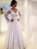 Ball Gown V-neck Long Sleeves Lace Sweep/Brush Train Tulle Wedding Dresses TPP0006055