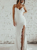 Sheath/Column Spaghetti Straps Ruched Sleeveless Sweep/Brush Train Wedding Dresses TPP0006512