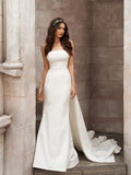 Sheath/Column Satin Ruched Strapless Sleeveless Court Train Wedding Dresses TPP0006447