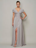 A-Line/Princess V-neck Short Sleeves Long Chiffon Mother of the Bride Dresses TPP0007086