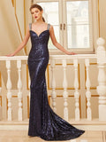 Sheath/Column V-neck Sleeveless Sweep/Brush Train Beading Sequins Dresses TPP0003573