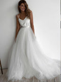 A-Line/Princess Spaghetti Straps Tulle Sleeveless Ruffles Sweep/Brush Train Wedding Dresses TPP0006966