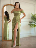 Sheath/Column Elastic Woven Satin Ruched Off-the-Shoulder Sleeveless Floor-Length Dresses TPP0001420