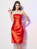 Sheath/Column Strapless Sleeveless Pleats Short Elastic Woven Satin Dresses TPP0008967