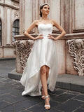 A-Line/Princess Sweetheart Satin Ruffles Sleeveless Asymmetrical Wedding Dresses TPP0006091