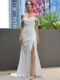 Sheath/Column Satin Ruched Off-the-Shoulder Sleeveless Sweep/Brush Train Wedding Dresses TPP0007029