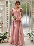 A-Line/Princess Chiffon Ruffles V-neck Sleeveless Sweep/Brush Train Bridesmaid Dresses TPP0004927