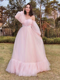 A-Line/Princess Long Sleeves Floor-Length Tulle Applique Off-the-Shoulder Dresses TPP0001440