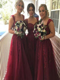 A-Line/Princess Sleeveless Straps Applique Floor-Length Tulle Bridesmaid Dresses TPP0005155