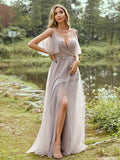 A-Line/Princess Tulle Ruffles V-neck Sleeveless Floor-Length Bridesmaid Dresses TPP0004945