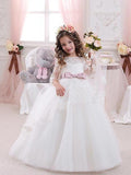 Ball Gown Jewel 1/2 Sleeves Lace Floor-Length Tulle Flower Girl Dresses TPP0007595