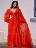 A-Line/Princess V-neck Long Sleeves 3D Chiffon Ruffles Sweep/Brush Train Dresses TPP0001444