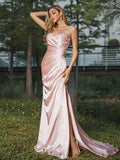 Sheath/Column Silk like Satin Ruched Sweetheart Sleeveless Sweep/Brush Train Bridesmaid Dresses TPP0004946