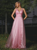 A-Line/Princess Tulle Ruffles V-neck Sleeveless Sweep/Brush Train Bridesmaid Dresses TPP0005008