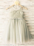 A-line/Princess Scoop Sleeveless Beading Tea-Length Tulle Flower Girl Dresses TPP0007663