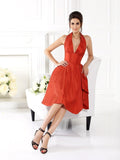 A-Line/Princess Halter Sleeveless Short Taffeta Bridesmaid Dresses TPP0005356