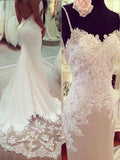 Trumpet/Mermaid Applique Satin Spaghetti Straps Sleeveless Court Train Wedding Dresses TPP0006088